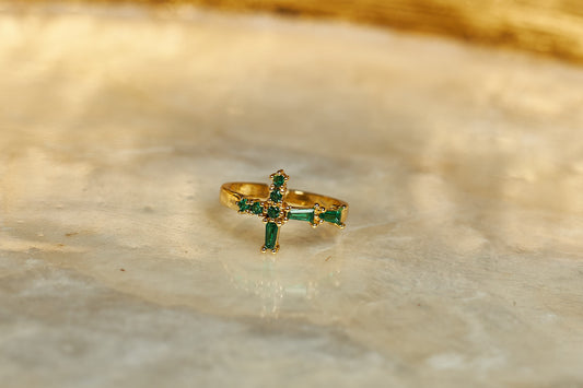 Cross Emerald Ring - 18K Gold