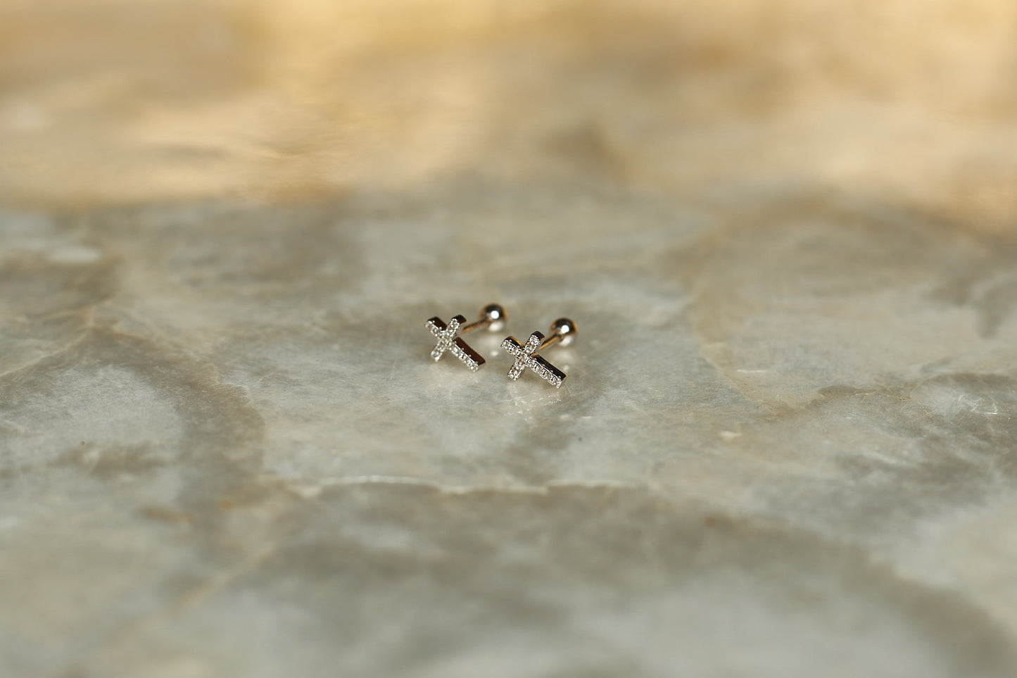 Small Cross Earrings with stones - 18K Gold