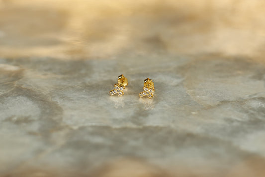 Small Cross Earrings with stones - 18K Gold