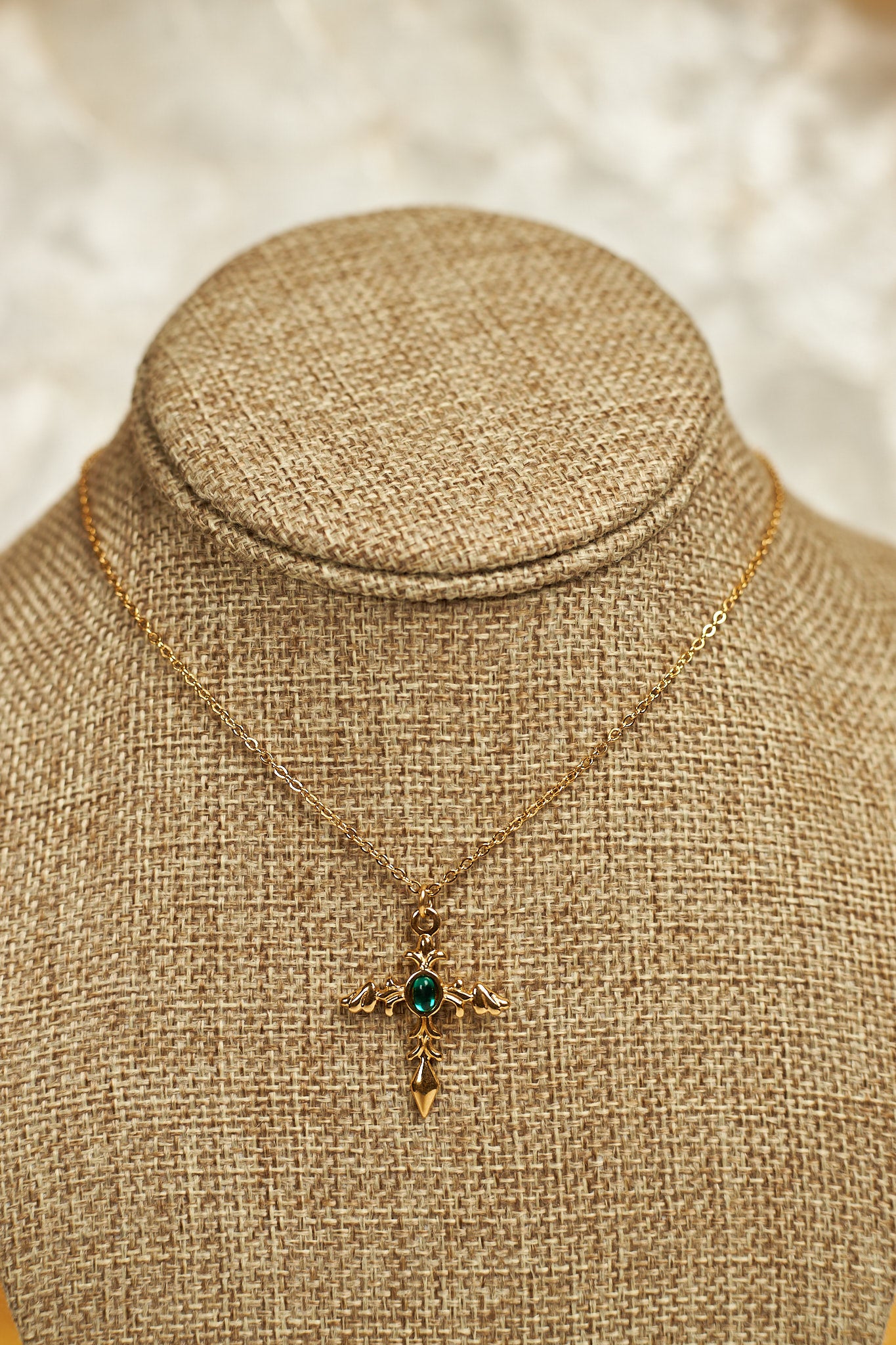 Gold Cross Emerald Necklace- 18K Gold