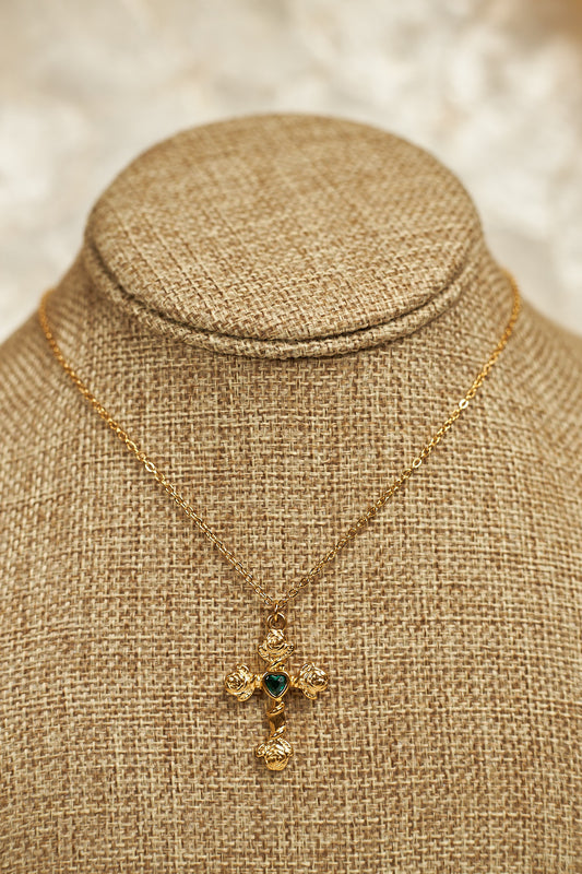 Cross Emerald Necklace - 18K Gold